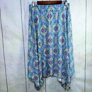 Vintage Ashley Blue Multicolor Boho Handkerchief Hem Skirt XL Festival Gypsy